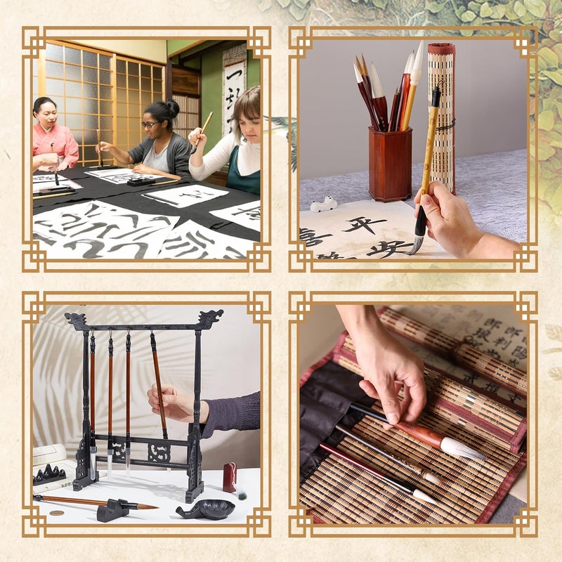 SABLUE Japanese Chinese Calligraphy Brush Set - Includes 10 Brushes, Roll-Up Bamboo Holder and Brush Stand, Perfect for Calligraphy, Sumi Painting, and Creative Art Projects S0048 - Image 3